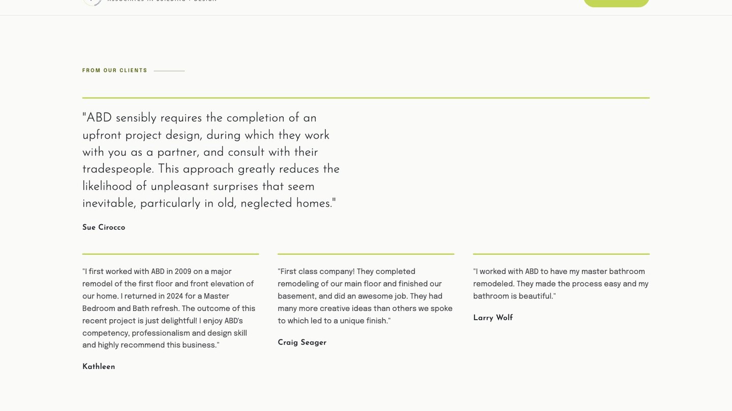 The client reviews section of the new homepage