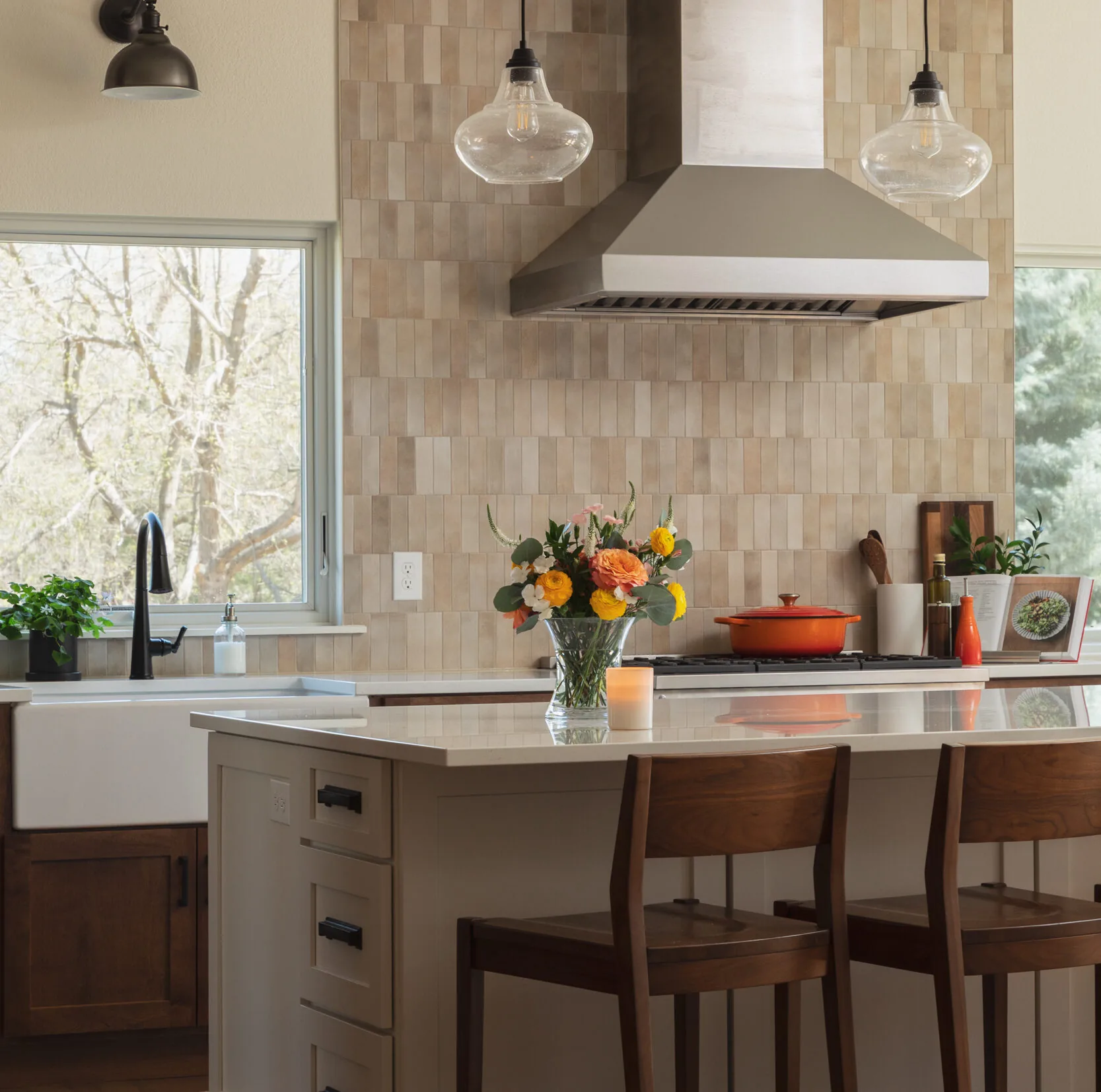 Full kitchen remodel with wood cabinetry and a large island